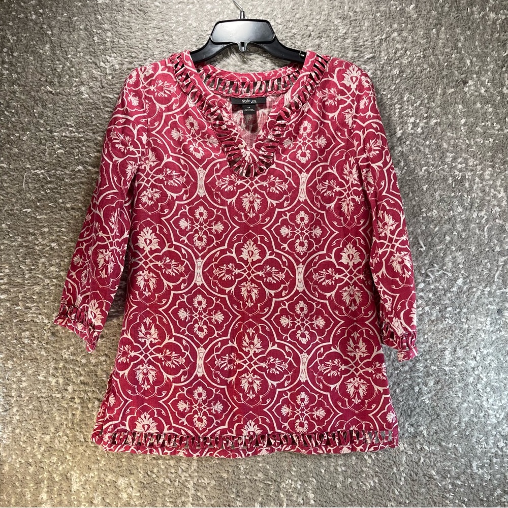 Style & Co Size 8 Petite 100% Linen Cutout 3/4‎ Sleeve Tunic Pink White